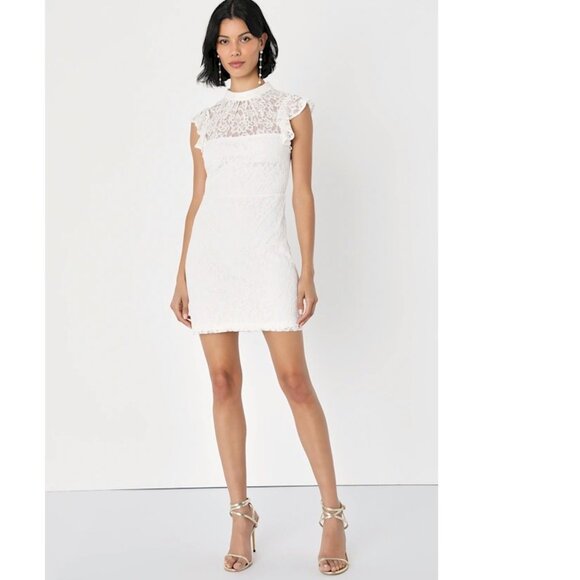 Lulus Romantic Disposition White Lace Mock Neck Bodycon Mini Dress Small New NWT - Picture 2 of 5